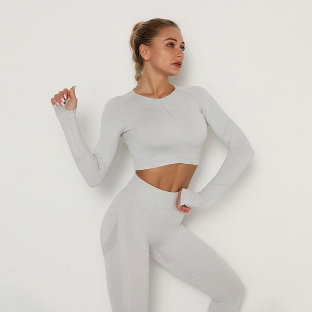 Women Seamless Yoga Set Fitness Sports Suits Gym Clothing Long Sleeve Crop Top Shirts High Waist Running Leggings Workout Pants - Virtual Blue Store