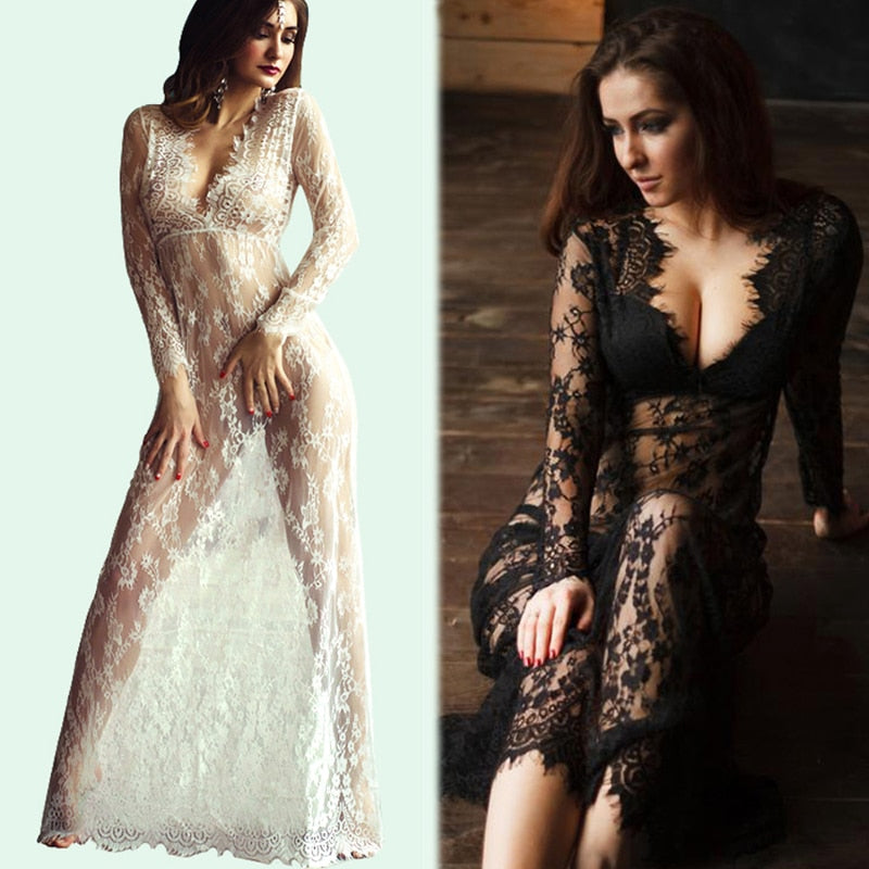 Women Summer Sexy Floral Lace Transparent Bikini Cover Up Dress Playa Vestido Swimsuit Flowy Embroidery Maxi Beach Swimwear Wear - Virtual Blue Store