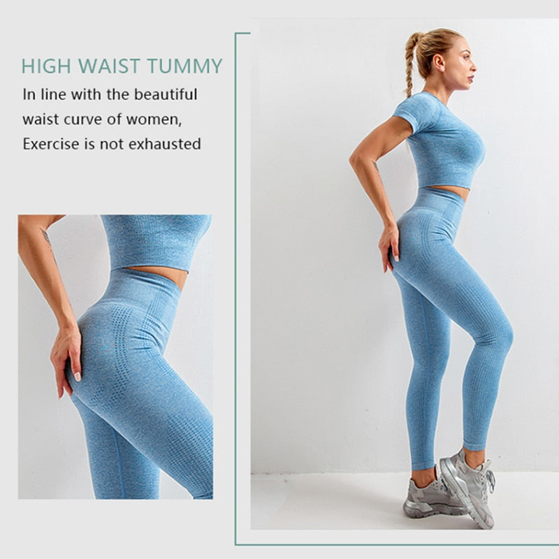 Seamless Women  yoga set Workout Gym Long Sleeve Fitness Crop Top High Waist Leggings Sport Clothing Suits - Virtual Blue Store