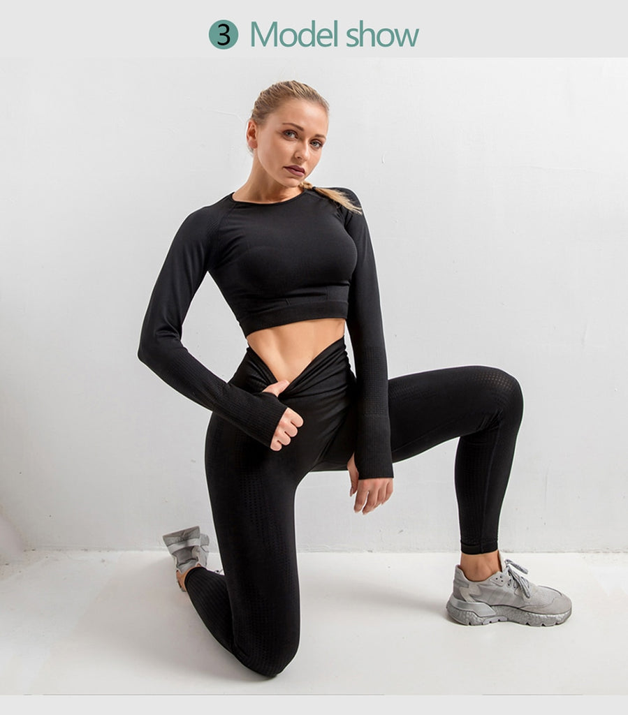 Seamless Women  yoga set Workout Gym Long Sleeve Fitness Crop Top High Waist Leggings Sport Clothing Suits - Virtual Blue Store