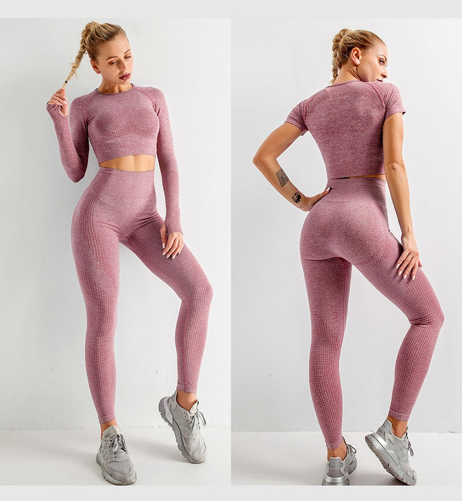 Seamless Women  yoga set Workout Gym Long Sleeve Fitness Crop Top High Waist Leggings Sport Clothing Suits - Virtual Blue Store