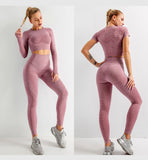 Seamless Women  yoga set Workout Gym Long Sleeve Fitness Crop Top High Waist Leggings Sport Clothing Suits - Virtual Blue Store
