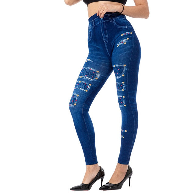 High Waist Faux Jean Leggings Slim Elastic Seamless Plus Size Skinny Pencil Pants Female Pocket Workout Running Leggings - Virtual Blue Store