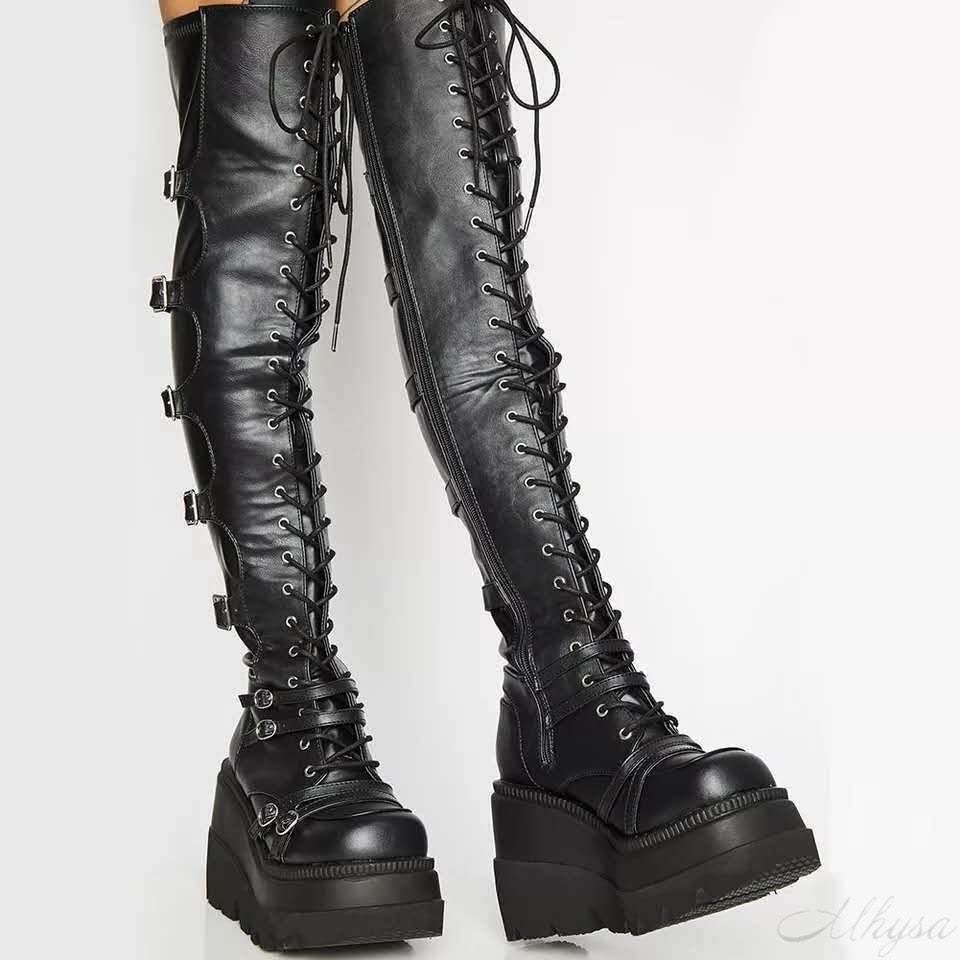 Design Female High Platform Thigh High Boots Fashion Buckle Punk High Heels Boots Women Cosplay Wedges Boots Woman Botas Mujer - Virtual Blue Store
