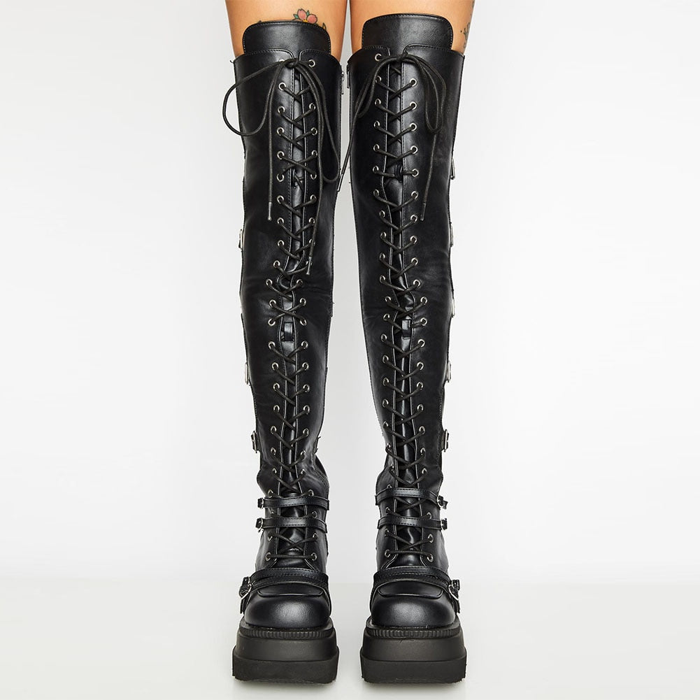 Design Female High Platform Thigh High Boots Fashion Buckle Punk High Heels Boots Women Cosplay Wedges Boots Woman Botas Mujer - Virtual Blue Store