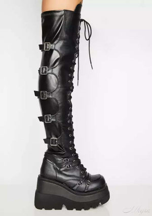 Design Female High Platform Thigh High Boots Fashion Buckle Punk High Heels Boots Women Cosplay Wedges Boots Woman Botas Mujer - Virtual Blue Store