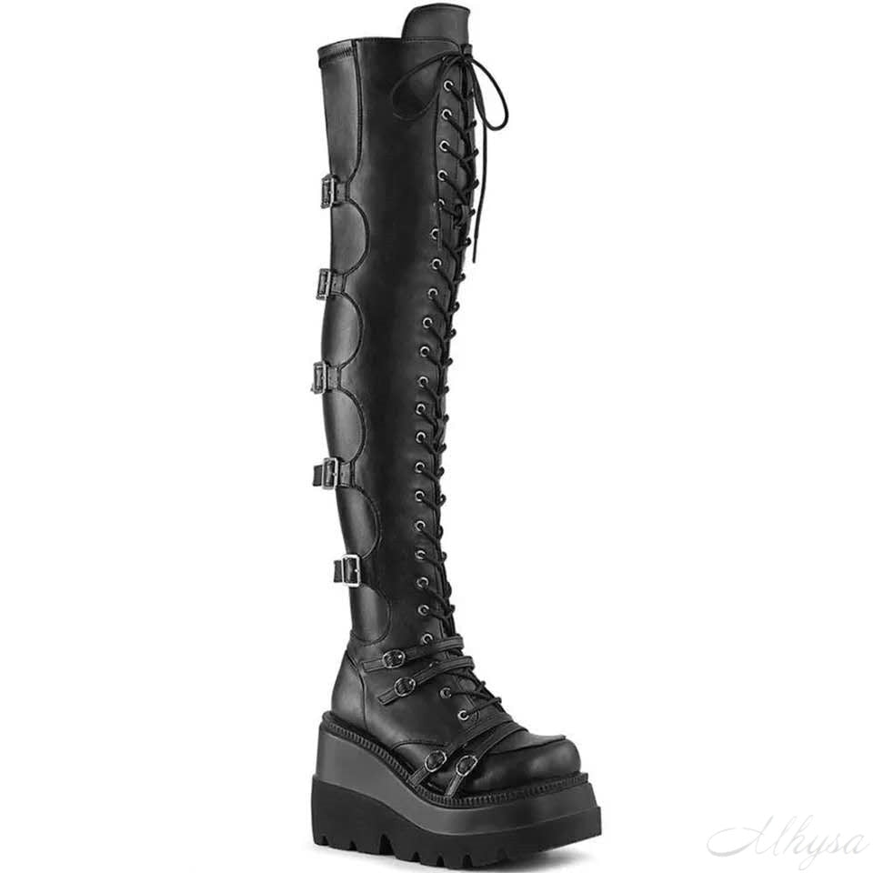 Design Female High Platform Thigh High Boots Fashion Buckle Punk High Heels Boots Women Cosplay Wedges Boots Woman Botas Mujer - Virtual Blue Store