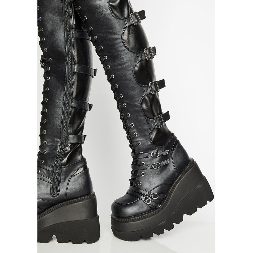 Design Female High Platform Thigh High Boots Fashion Buckle Punk High Heels Boots Women Cosplay Wedges Boots Woman Botas Mujer - Virtual Blue Store