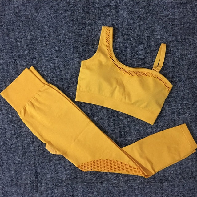 2021 Seamless Yoga Set Women Gym Sportswear Outfit Yoga Pant Leggings Pad One Shoulder Sports Bra 2 Pcs Workout Cloth Tracksuit - Virtual Blue Store