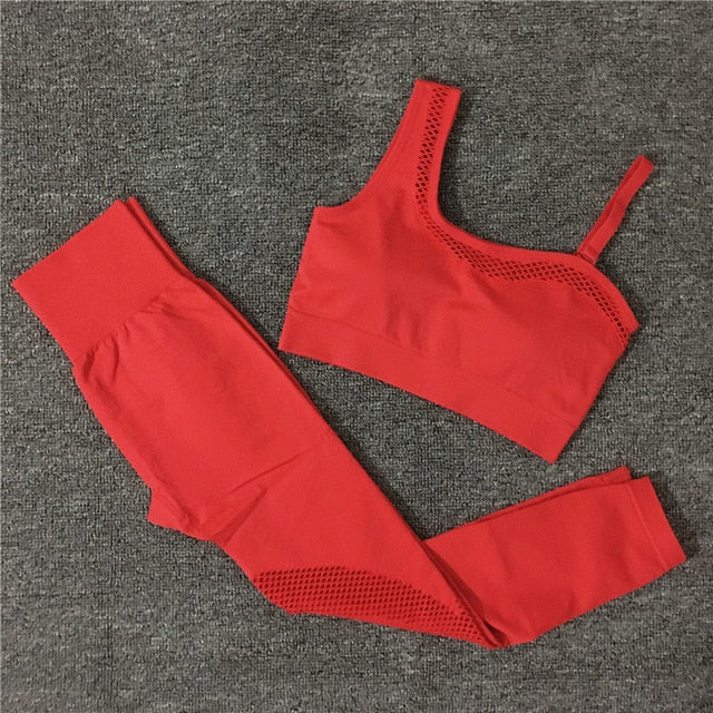 2021 Seamless Yoga Set Women Gym Sportswear Outfit Yoga Pant Leggings Pad One Shoulder Sports Bra 2 Pcs Workout Cloth Tracksuit - Virtual Blue Store