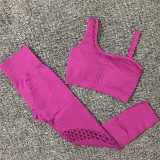2021 Seamless Yoga Set Women Gym Sportswear Outfit Yoga Pant Leggings Pad One Shoulder Sports Bra 2 Pcs Workout Cloth Tracksuit - Virtual Blue Store