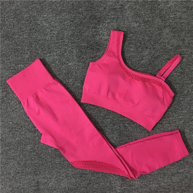 2021 Seamless Yoga Set Women Gym Sportswear Outfit Yoga Pant Leggings Pad One Shoulder Sports Bra 2 Pcs Workout Cloth Tracksuit - Virtual Blue Store