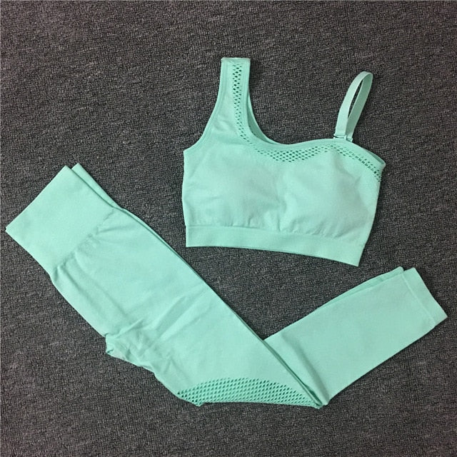 2021 Seamless Yoga Set Women Gym Sportswear Outfit Yoga Pant Leggings Pad One Shoulder Sports Bra 2 Pcs Workout Cloth Tracksuit - Virtual Blue Store