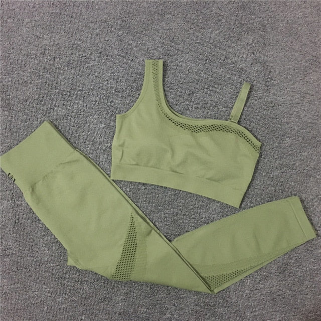 2021 Seamless Yoga Set Women Gym Sportswear Outfit Yoga Pant Leggings Pad One Shoulder Sports Bra 2 Pcs Workout Cloth Tracksuit - Virtual Blue Store