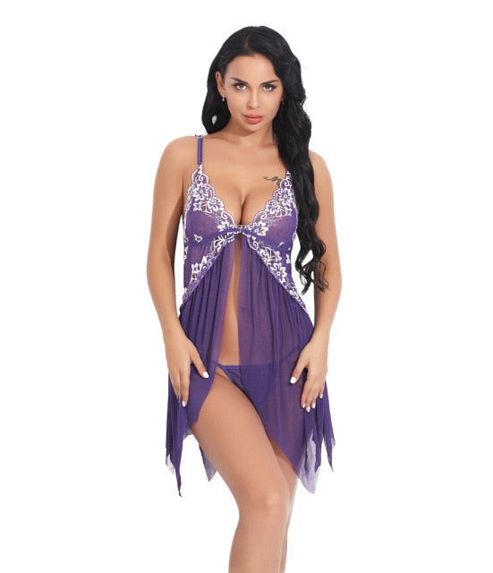 Women Sexy Lingerie Underwear Erotic Dress See-through Lace Pajamas Sleepwear Nightdress + Thong Sexy Costumes Sex Dress - Virtual Blue Store