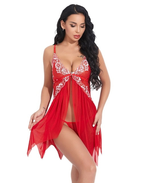 Women Sexy Lingerie Underwear Erotic Dress See-through Lace Pajamas Sleepwear Nightdress + Thong Sexy Costumes Sex Dress - Virtual Blue Store