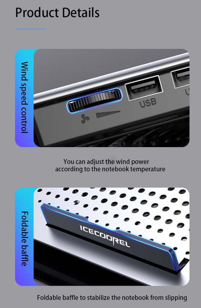 Gaming Laptop Cooler Silent Fan Metal Laptop Cooling Pads Two USB Port Portable Adjustable Notebook Stand For 12-16 Inch Laptop