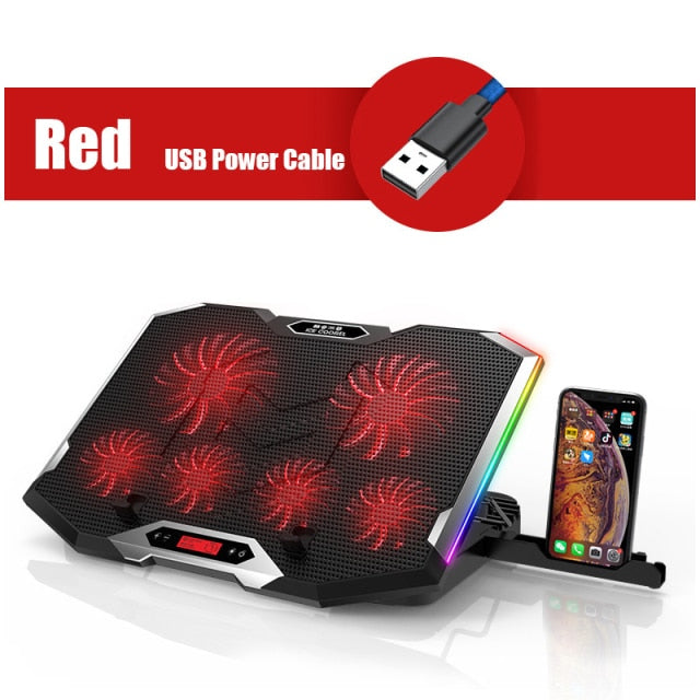 Gaming RGB Laptop Cooler For Laptop 12-18 Inch Six Fans LCD Screen Laptop Cooling Pad Adjustable Notebook Stand Two USB Port
