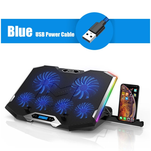 Gaming RGB Laptop Cooler For Laptop 12-18 Inch Six Fans LCD Screen Laptop Cooling Pad Adjustable Notebook Stand Two USB Port