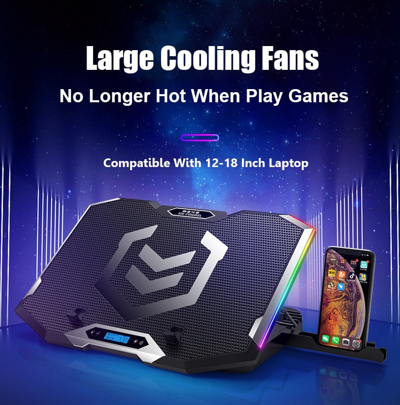 Gaming RGB Laptop Cooler For Laptop 12-18 Inch Six Fans LCD Screen Laptop Cooling Pad Adjustable Notebook Stand Two USB Port
