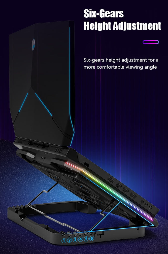 Gaming RGB Laptop Cooler For Laptop 12-18 Inch Six Fans LCD Screen Laptop Cooling Pad Adjustable Notebook Stand Two USB Port