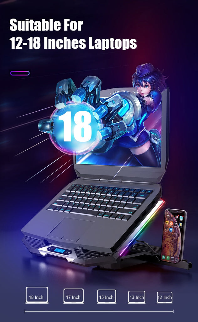 Gaming RGB Laptop Cooler For Laptop 12-18 Inch Six Fans LCD Screen Laptop Cooling Pad Adjustable Notebook Stand Two USB Port