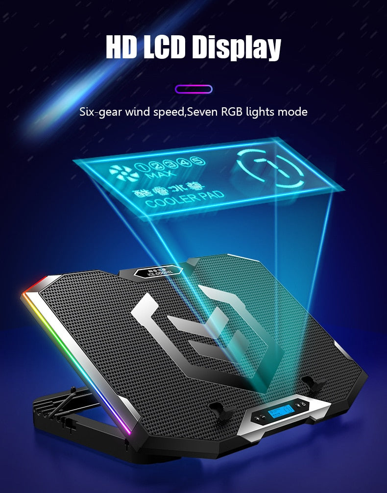 Gaming RGB Laptop Cooler For Laptop 12-18 Inch Six Fans LCD Screen Laptop Cooling Pad Adjustable Notebook Stand Two USB Port