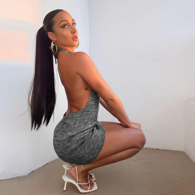 Cryptographic Halter Sexy Backless Mini Dresses Bodycon Skinny Club Party Sleeveless Knitted Dress Fall Streetwear Beach Holiday - Virtual Blue Store