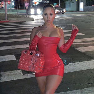 Sexy Club Short Vestidos PU Leather Dress With Golves Sexy Bodycon Women Dresses Sleeveless Deep O Neck Skiny Pencil Mini Dress - Virtual Blue Store