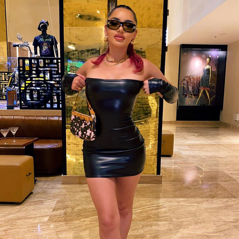 Sexy Club Short Vestidos PU Leather Dress With Golves Sexy Bodycon Women Dresses Sleeveless Deep O Neck Skiny Pencil Mini Dress - Virtual Blue Store