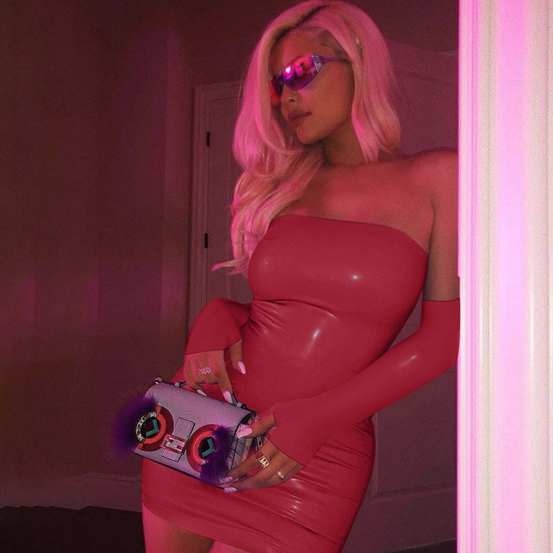 Sexy Club Short Vestidos PU Leather Dress With Golves Sexy Bodycon Women Dresses Sleeveless Deep O Neck Skiny Pencil Mini Dress - Virtual Blue Store