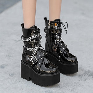 demonias shoes Women Boots Square Heel demonia boots platform shoes goth Band Thigh High Shoes Black Spring winter boots - Virtual Blue Store