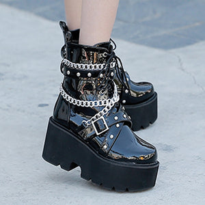 demonias shoes Women Boots Square Heel demonia boots platform shoes goth Band Thigh High Shoes Black Spring winter boots - Virtual Blue Store