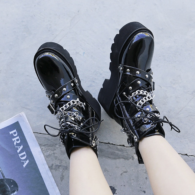 demonias shoes Women Boots Square Heel demonia boots platform shoes goth Band Thigh High Shoes Black Spring winter boots - Virtual Blue Store