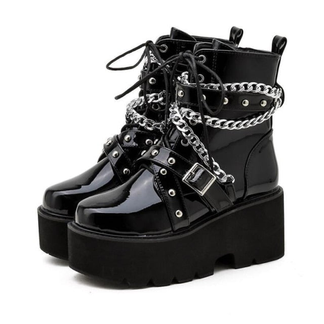 demonias shoes Women Boots Square Heel demonia boots platform shoes goth Band Thigh High Shoes Black Spring winter boots - Virtual Blue Store