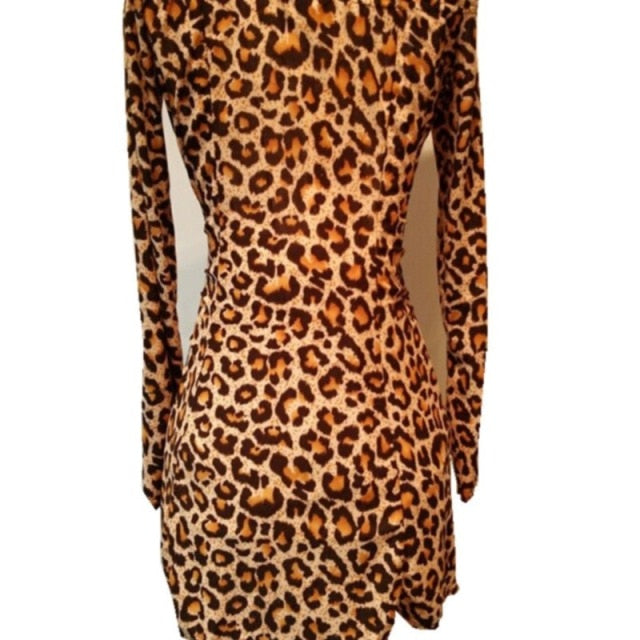 Sexy Off Shoulder Leopard Dresses Women Spring Autumn Pleated Dress Female Long Sleeve Casual Waisted - Virtual Blue Store