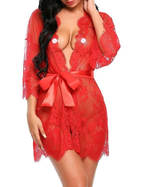 New Sexy Women Lingerie Lace Ruffles Robe See-through Babydoll Underwear Sleepwear Night Dress Erotic Sex Clothes - Virtual Blue Store
