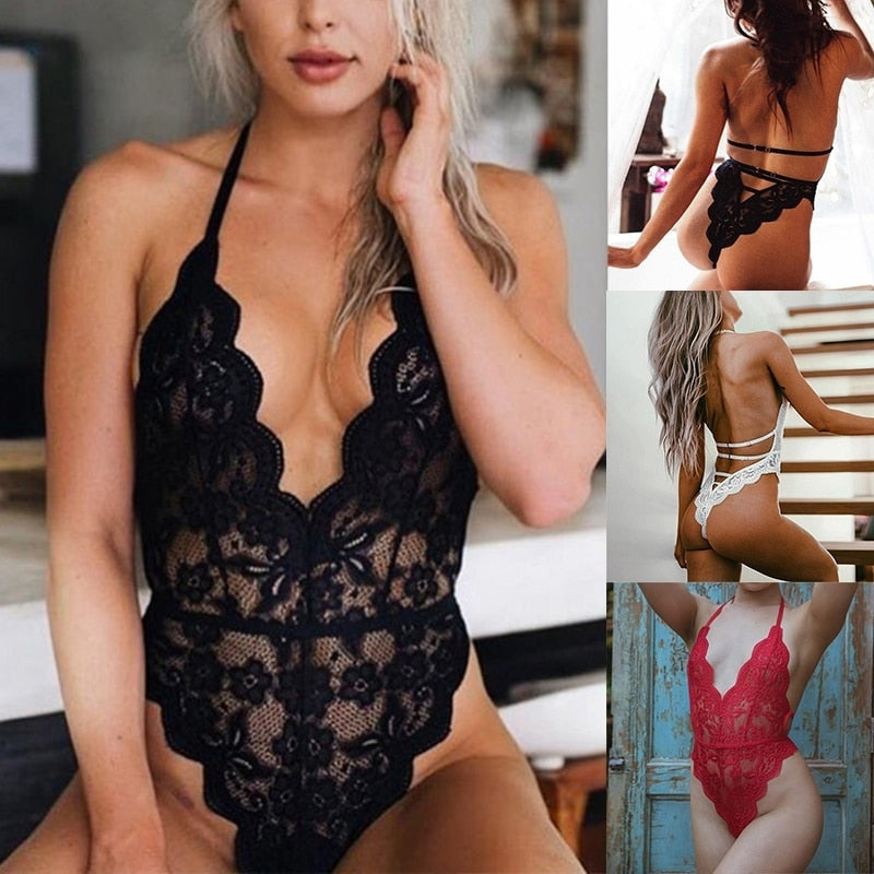 Sexy 3 Colors Lingerie One Piece Women Lace Bra Set Deep V Hot Erotic Sexy Hollow Underwear Halter Open Bra Transparent Lingerie - Virtual Blue Store