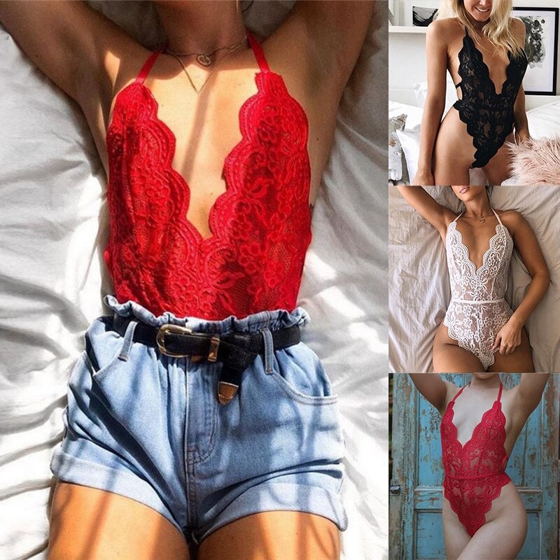Sexy 3 Colors Lingerie One Piece Women Lace Bra Set Deep V Hot Erotic Sexy Hollow Underwear Halter Open Bra Transparent Lingerie - Virtual Blue Store