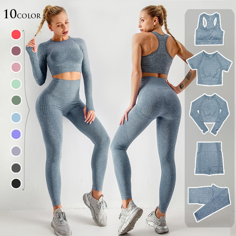 2/3/5PCS Seamless Women Yoga Set Workout Sportswear Gym Clothing Fitness Long Sleeve Crop Top High Waist Leggings Sports Suits - Virtual Blue Store