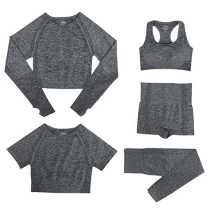2/3/5PCS Seamless Women Yoga Set Workout Sportswear Gym Clothing Fitness Long Sleeve Crop Top High Waist Leggings Sports Suits - Virtual Blue Store