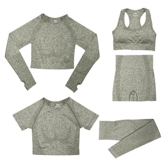 2/3/5PCS Seamless Women Yoga Set Workout Sportswear Gym Clothing Fitness Long Sleeve Crop Top High Waist Leggings Sports Suits - Virtual Blue Store