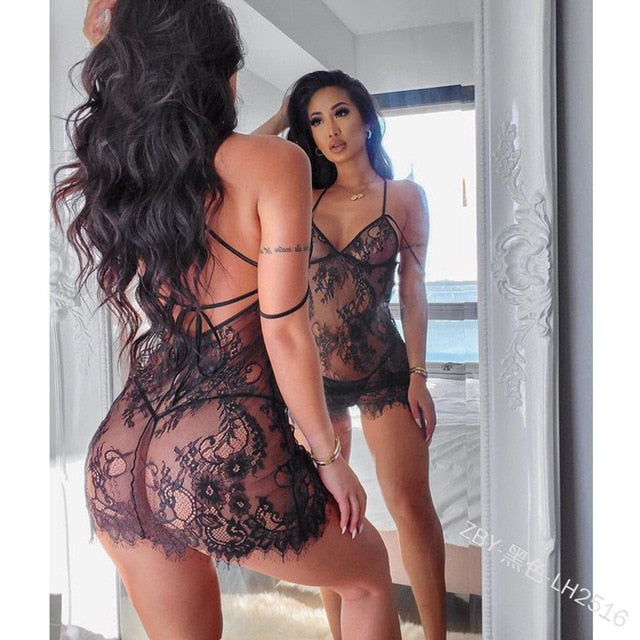 2021 Hirigi Nightwear Woman's Sexy Lingerie Set Including V-neck Halter Lace One-piece Dress and Thong-A Good Choice Underwear - Virtual Blue Store