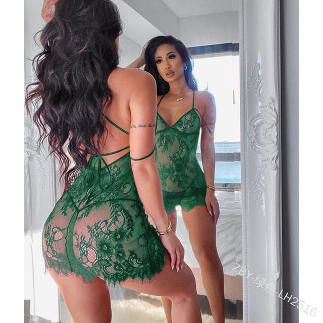 2021 Hirigi Nightwear Woman's Sexy Lingerie Set Including V-neck Halter Lace One-piece Dress and Thong-A Good Choice Underwear - Virtual Blue Store