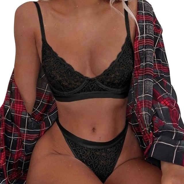 Women's Sexy Lingerie Sexy Bra Set Erotic Underwear Set Female Transparent Bra Sets Lace Embroidery Lingerie Set Brassiere Mujer - Virtual Blue Store