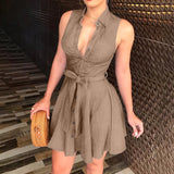 Sexy Deep V Neck Off The Shoulder Solid Color Dress for Women Summer Sleeveless High Waist Mini Dresses Club Wear A Line Clothes - Virtual Blue Store