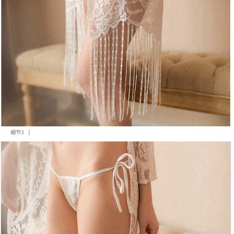 3 piece/set Lace Bathrobe With Bra Sets Hollow Bridesmaid Robes Women kimono Lingerie See Through Sleepwear Femme Kimono White - Virtual Blue Store