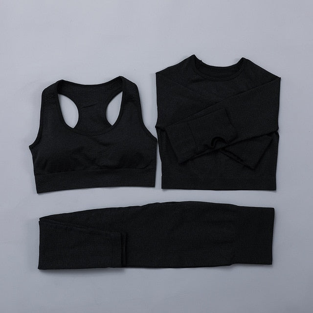 Seamless Women  yoga set Workout Gym Long Sleeve Fitness Crop Top High Waist Leggings Sport Clothing Suits - Virtual Blue Store