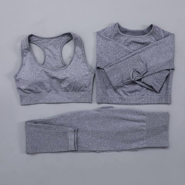 Seamless Women  yoga set Workout Gym Long Sleeve Fitness Crop Top High Waist Leggings Sport Clothing Suits - Virtual Blue Store