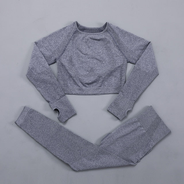 Seamless Women  yoga set Workout Gym Long Sleeve Fitness Crop Top High Waist Leggings Sport Clothing Suits - Virtual Blue Store